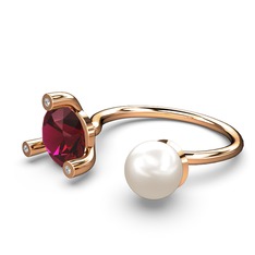 İncili Tektaş Yüzük - Inci, rodolit garnet ve pırlanta 18 ayar rose altın yüzük (0.024 karat) #65tz5c