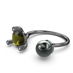 İncili Tektaş Yüzük - Siyah inci, peridot ve akuamarin 925 ayar siyah rodyum kaplama gümüş yüzük #6890wz