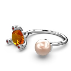 İncili Tektaş Yüzük - Pembe inci, sitrin ve garnet 14 ayar beyaz altın yüzük #6ukn1a