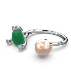 İncili Tektaş Yüzük - Pembe inci, kök zümrüt ve pırlanta 925 ayar gümüş yüzük (0.024 karat) #7i22wh