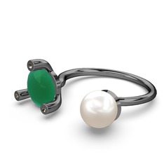 İncili Tektaş Yüzük - Inci, kök zümrüt ve dumanlı kuvars 925 ayar siyah rodyum kaplama gümüş yüzük #7jcfi