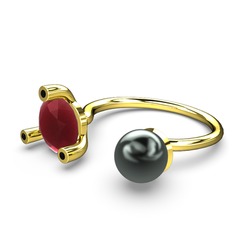 İncili Tektaş Yüzük - Siyah inci, kök yakut ve siyah zirkon 925 ayar altın kaplama gümüş yüzük #8bxo05