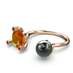 İncili Tektaş Yüzük - Siyah inci, sitrin ve garnet 14 ayar rose altın yüzük #91vbuy