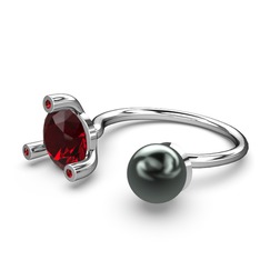 Siyah inci ve garnet 14 ayar beyaz altın yüzük