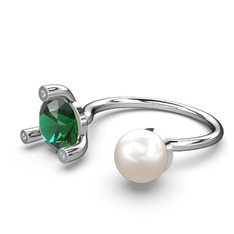 İncili Tektaş Yüzük - Inci, yeşil kuvars ve swarovski 18 ayar beyaz altın yüzük #atfow1