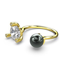 İncili Tektaş Yüzük - Siyah inci, swarovski ve pırlanta 925 ayar altın kaplama gümüş yüzük (0.024 karat) #ayxk5r