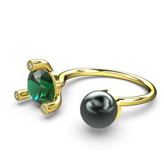 İncili Tektaş Yüzük - Siyah inci, yeşil kuvars ve swarovski 14 ayar altın yüzük #bh9km9