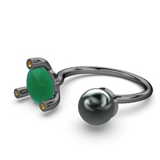 İncili Tektaş Yüzük - Siyah inci, kök zümrüt ve sitrin 925 ayar siyah rodyum kaplama gümüş yüzük #bx3med