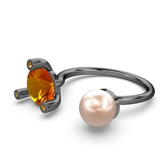 İncili Tektaş Yüzük - Pembe inci ve sitrin 925 ayar siyah rodyum kaplama gümüş yüzük #cihi8k