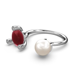 İncili Tektaş Yüzük - Inci, kök yakut ve swarovski 18 ayar beyaz altın yüzük #cj2lu7