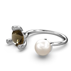 İncili Tektaş Yüzük - Inci, dumanlı kuvars ve swarovski 18 ayar beyaz altın yüzük #d127ng