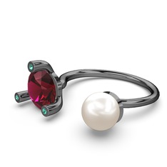 İncili Tektaş Yüzük - Inci, rodolit garnet ve yeşil kuvars 925 ayar siyah rodyum kaplama gümüş yüzük #da395v