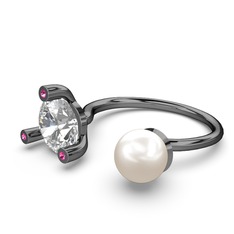 İncili Tektaş Yüzük - Inci, swarovski ve rodolit garnet 925 ayar siyah rodyum kaplama gümüş yüzük #dhis5y
