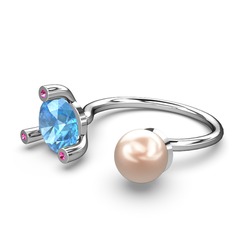 İncili Tektaş Yüzük - Pembe inci, akuamarin ve rodolit garnet 18 ayar beyaz altın yüzük #dmmcow