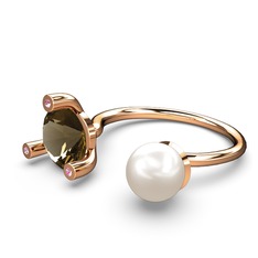 İncili Tektaş Yüzük - Inci, dumanlı kuvars ve pembe kuvars 18 ayar rose altın yüzük #exi5ks