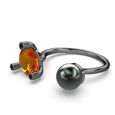 İncili Tektaş Yüzük - Siyah inci, sitrin ve siyah zirkon 925 ayar siyah rodyum kaplama gümüş yüzük #exybgy