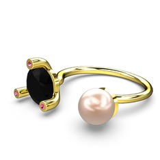 İncili Tektaş Yüzük - Pembe inci, siyah zirkon ve rodolit garnet 18 ayar altın yüzük #f03fnr