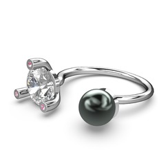 İncili Tektaş Yüzük - Siyah inci, swarovski ve pembe kuvars 8 ayar beyaz altın yüzük #g03dp9