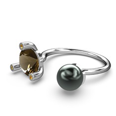 İncili Tektaş Yüzük - Siyah inci, dumanlı kuvars ve sitrin 925 ayar gümüş yüzük #g62e9p