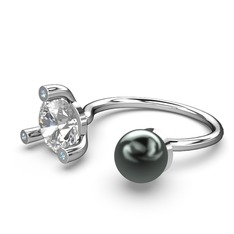 İncili Tektaş Yüzük - Siyah inci, beyaz zirkon ve akuamarin 8 ayar beyaz altın yüzük #hpb51t