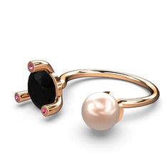 İncili Tektaş Yüzük - Pembe inci, siyah zirkon ve rodolit garnet 14 ayar rose altın yüzük #i23g5t