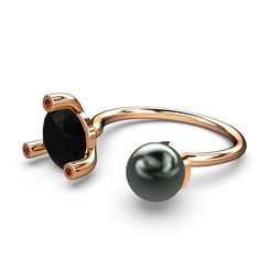İncili Tektaş Yüzük - Siyah inci, siyah zirkon ve garnet 14 ayar rose altın yüzük #ir6wa6