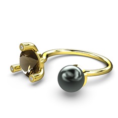 İncili Tektaş Yüzük - Siyah inci, dumanlı kuvars ve pırlanta 925 ayar altın kaplama gümüş yüzük (0.024 karat) #j0si97