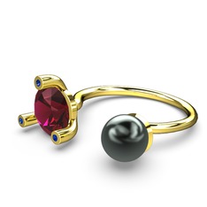 İncili Tektaş Yüzük - Siyah inci, rodolit garnet ve lab safir 8 ayar altın yüzük #jufgs5