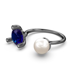 İncili Tektaş Yüzük - Inci, lab safir ve swarovski 925 ayar siyah rodyum kaplama gümüş yüzük #k480js