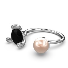 İncili Tektaş Yüzük - Pembe inci, siyah zirkon ve pırlanta 8 ayar beyaz altın yüzük (0.024 karat) #k9k62q