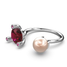İncili Tektaş Yüzük - Pembe inci ve rodolit garnet 14 ayar beyaz altın yüzük #ke2zsi