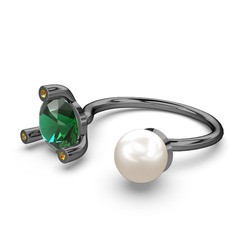 İncili Tektaş Yüzük - Inci, yeşil kuvars ve sitrin 925 ayar siyah rodyum kaplama gümüş yüzük #ks8mgm