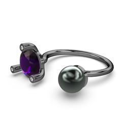 İncili Tektaş Yüzük - Siyah inci, ametist ve pırlanta 925 ayar siyah rodyum kaplama gümüş yüzük (0.024 karat) #mgfmdj