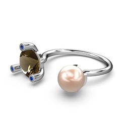 İncili Tektaş Yüzük - Pembe inci, dumanlı kuvars ve lab safir 18 ayar beyaz altın yüzük #myqh5h