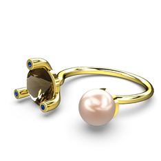 İncili Tektaş Yüzük - Pembe inci, dumanlı kuvars ve lab safir 14 ayar altın yüzük #nrnpe4