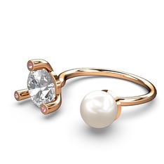 İncili Tektaş Yüzük - Inci, swarovski ve pembe kuvars 18 ayar rose altın yüzük #o2up3s