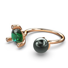 İncili Tektaş Yüzük - Siyah inci, yeşil kuvars ve swarovski 18 ayar rose altın yüzük #or2z3i
