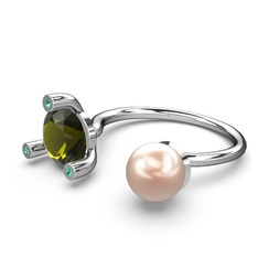 Pembe inci, peridot ve yeşil kuvars 8 ayar beyaz altın yüzük