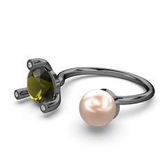 İncili Tektaş Yüzük - Pembe inci, peridot ve pırlanta 925 ayar siyah rodyum kaplama gümüş yüzük (0.024 karat) #prdyt4