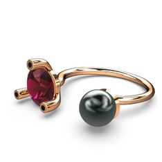 Siyah inci, rodolit garnet ve siyah zirkon 925 ayar rose altın kaplama gümüş yüzük