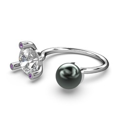 İncili Tektaş Yüzük - Siyah inci, swarovski ve ametist 18 ayar beyaz altın yüzük #qhg108