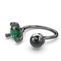 İncili Tektaş Yüzük - Siyah inci, yeşil kuvars ve dumanlı kuvars 925 ayar siyah rodyum kaplama gümüş yüzük #qvj41p