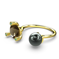 Siyah inci, dumanlı kuvars ve yeşil kuvars 8 ayar altın yüzük