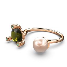 İncili Tektaş Yüzük - Pembe inci, peridot ve yeşil kuvars 18 ayar rose altın yüzük #s3ahrf