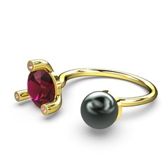 İncili Tektaş Yüzük - Siyah inci, rodolit garnet ve pembe kuvars 925 ayar altın kaplama gümüş yüzük #spduxz