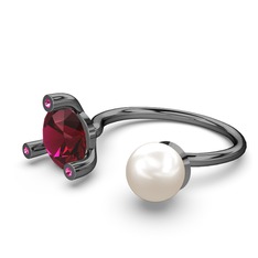 İncili Tektaş Yüzük - Inci ve rodolit garnet 925 ayar siyah rodyum kaplama gümüş yüzük #suecw7