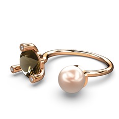 İncili Tektaş Yüzük - Pembe inci, dumanlı kuvars ve swarovski 14 ayar rose altın yüzük #umjuse