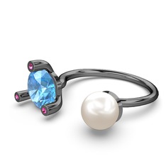 İncili Tektaş Yüzük - Inci, akuamarin ve rodolit garnet 925 ayar siyah rodyum kaplama gümüş yüzük #v2lf7e