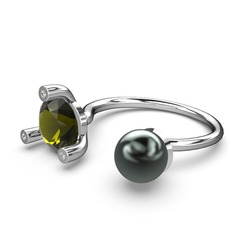 İncili Tektaş Yüzük - Siyah inci, peridot ve swarovski 18 ayar beyaz altın yüzük #vg25ck