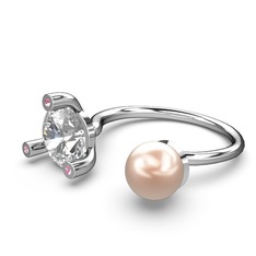 İncili Tektaş Yüzük - Pembe inci, beyaz zirkon ve pembe kuvars 18 ayar beyaz altın yüzük #vq3x7d